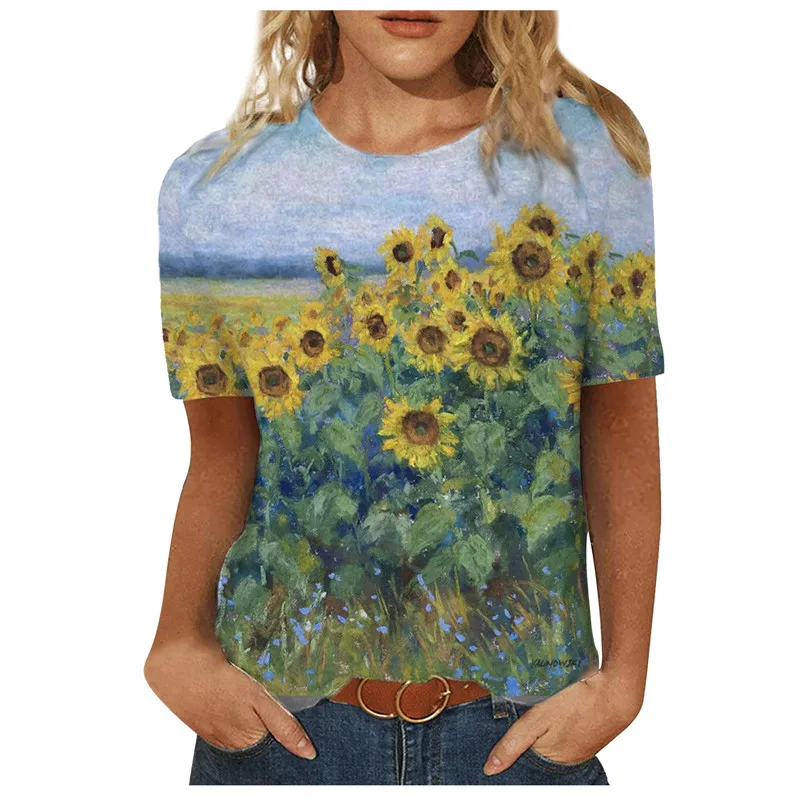 

Women 3D Landscape Painting Positioning Sunflower Print T Shirt 2021 New Summer Vintage Casual Short Sleeve O-Neck Plus Size Top