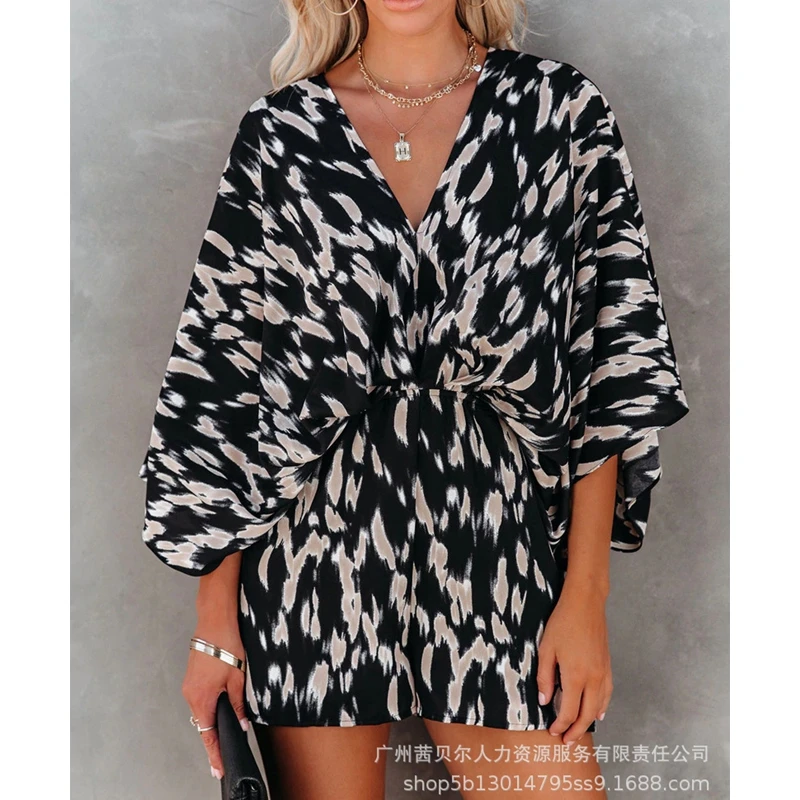 Summer Printed V-neck Backless Lace Up Playsuits Women Playsuits Women's Sexy Batwing Sleeve Loose High Waist Straight Playsuits