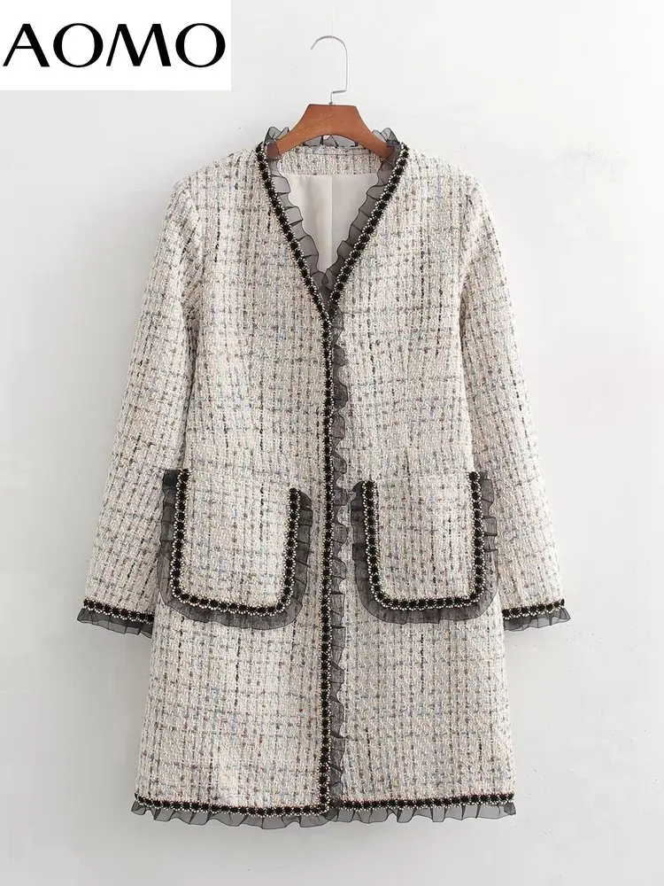 

AOMO Women Ruffles Beading Tweed Dress 2022 Winter Ladies Tunic Mini Dresses 1D108A