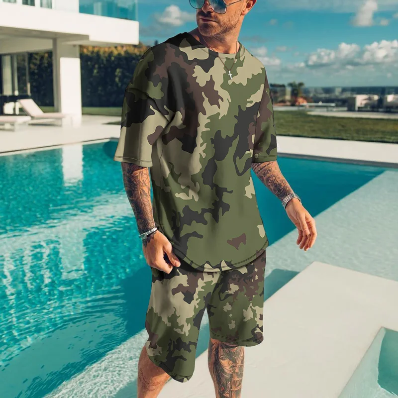 

New Summer Men's 3D Printed Camouflage Beach Set Tshirt Shorts Two Pieces Set Tracksuit Men Oversized Clothes Vintage Streetwear