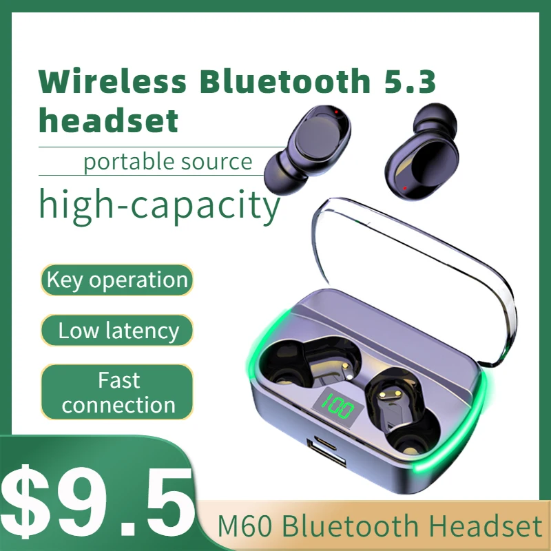 

Беспроводные наушники M60 Bluetooth 5,1 TWS со стандартным дисплеем, стереогарнитура с сенсорным управлением, водонепроницаемые наушники с шумопод...
