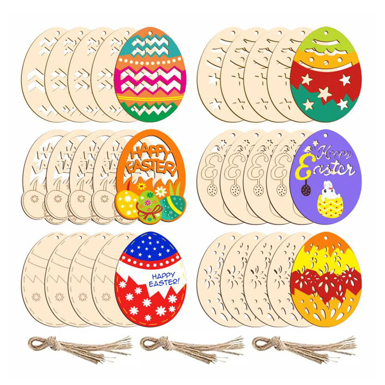 

30pcs Easter Eggs Wood Chips DIY Paint Easter Eggs Crafts Hangings Ornaments With Hemp Rope Home Easter Party Supplies