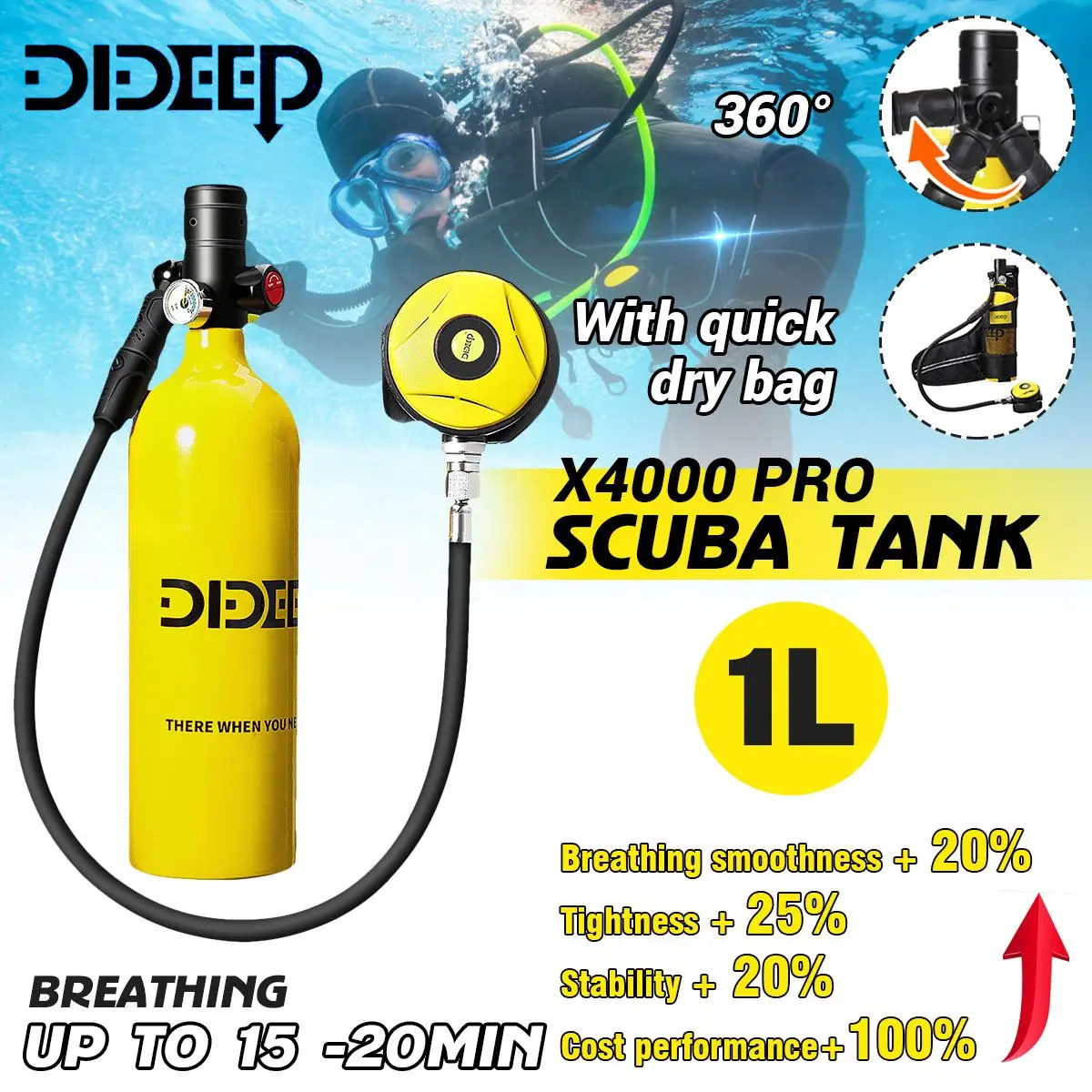 

DIDEEP 1L Scuba Diving Tank Oxygen Cylinder Dive Respirator Breath Valve Snorkeling Diving Equipment Set With Crossbody Bag