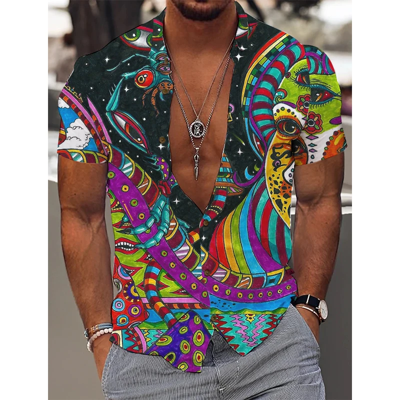 

2023 Men's Hawaiian Tropical Casual Shirt 3D Printing Summer Beach Vacation Off Shoulder Collar Retro Element Short Sleeve Top
