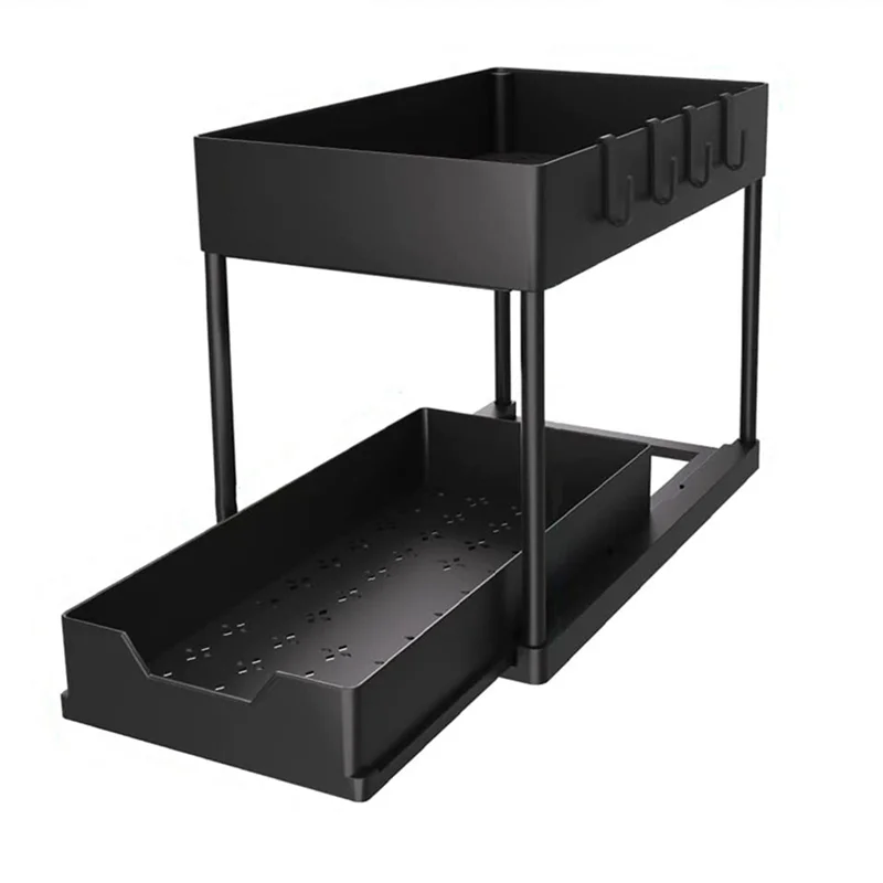 

Under Sink Organizers and Storage, 2-Tier Capacity Sink Organizer Storage for Bathroom Kitchen with Hooks, Black