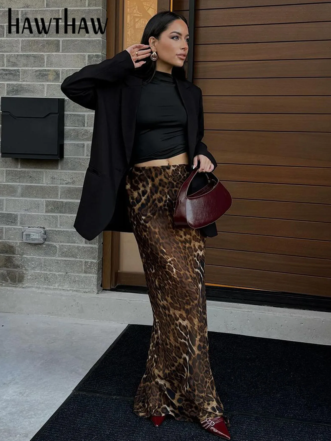 Hawthaw женские 2024 весенне-осенние элегантные длинные юбки с леопардовым принтом и