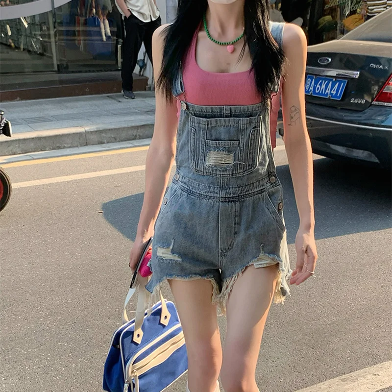 

Hsa Summer Denim Suspender Shorts 2023 New Fashionable Temperament Loose Age-Reducing Wide Leg One-Piece Shorts Women's Clothing