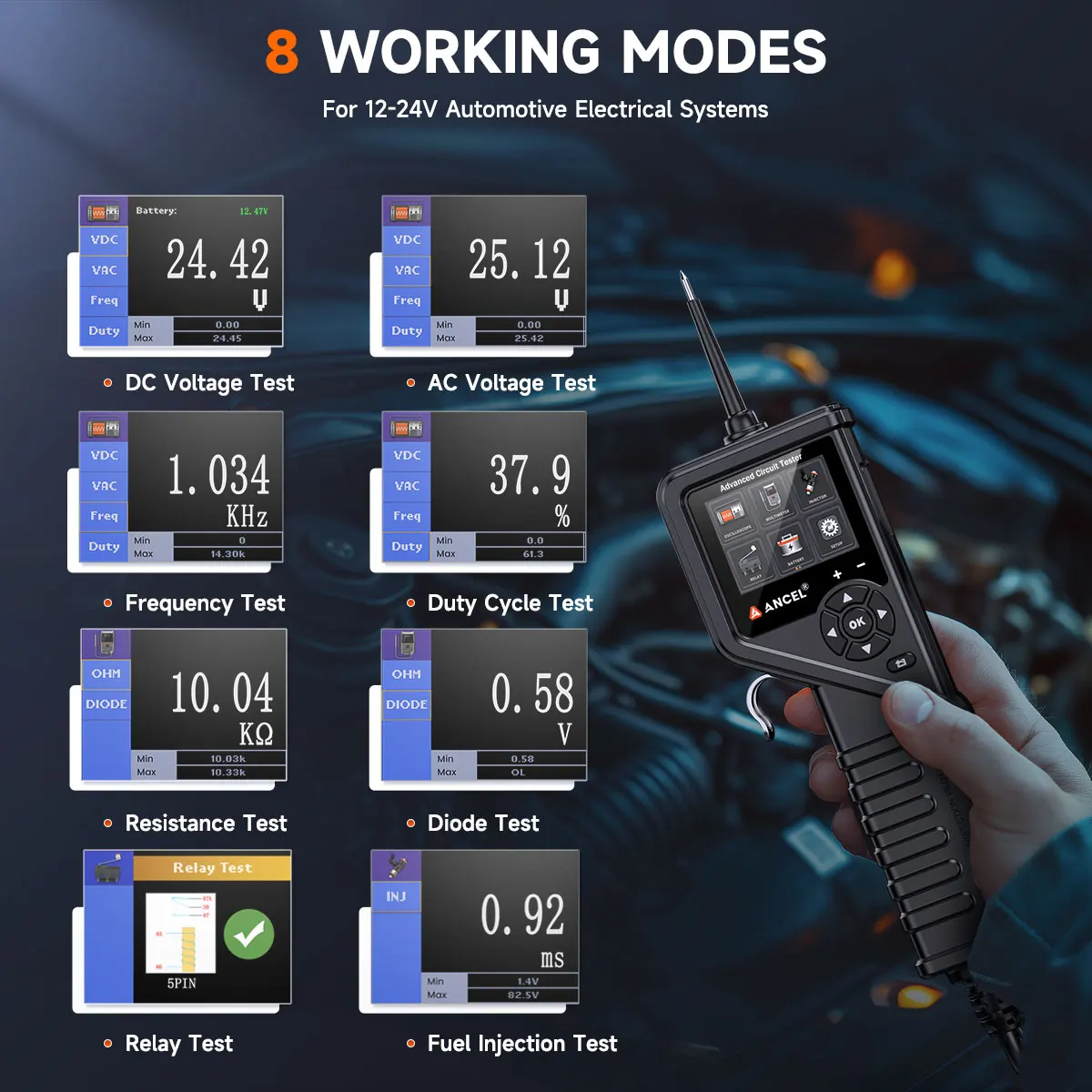 Ancel PB600 12 В 24 электрический ток напряжение встроенный силовой сканер тестер цепей