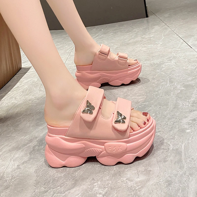 Women Slippers Summer Ladies Beach Flip-Flops Chunky Leather Shoes Wedges Heels Outside Sandals Woman High Platform Slippers 9CM