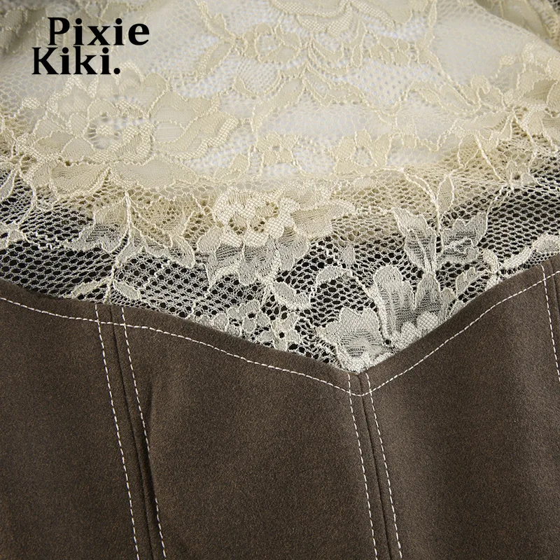 PixieKiki Retro Lace Patchwork Crop Top Y2k Aesthetic Fairy Core Grunge Irregular Hem Button Up Vest Womens Tank Tops P84-DE15 images - 6