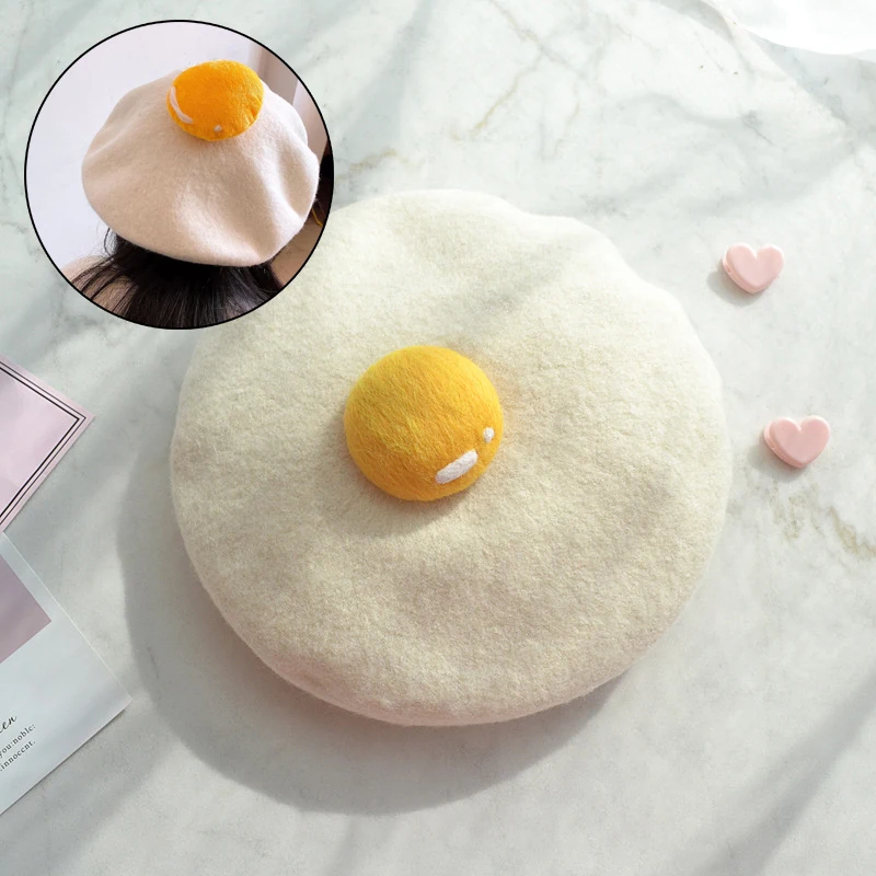 

Women Cute Hats Yolk Handmade Wool Felt Painter Creative Parent-child Hat Cute Child Baby Poached Egg Beret Fashion Ladies Cap