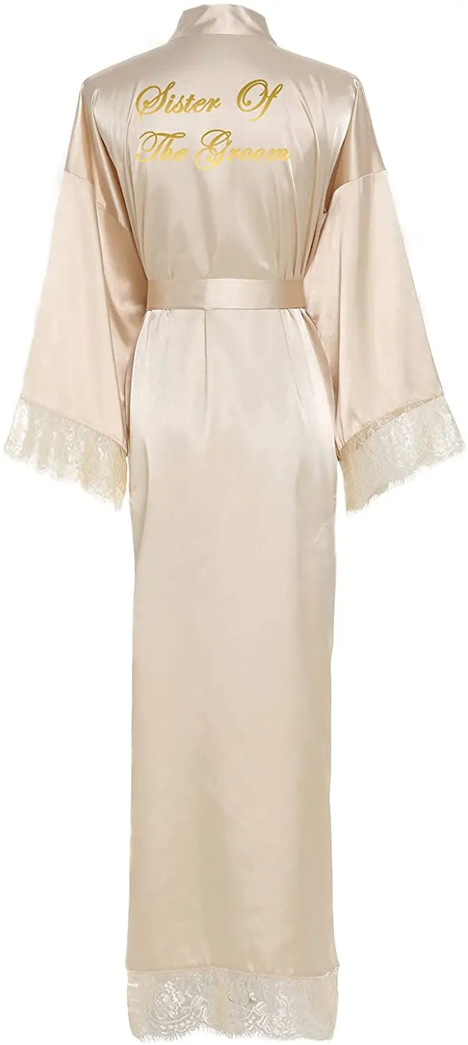 OWITER Long Champagne Satin Robe for Women Bride and Bridesmaid Rose Gold Dressing Robe for Wedding Party