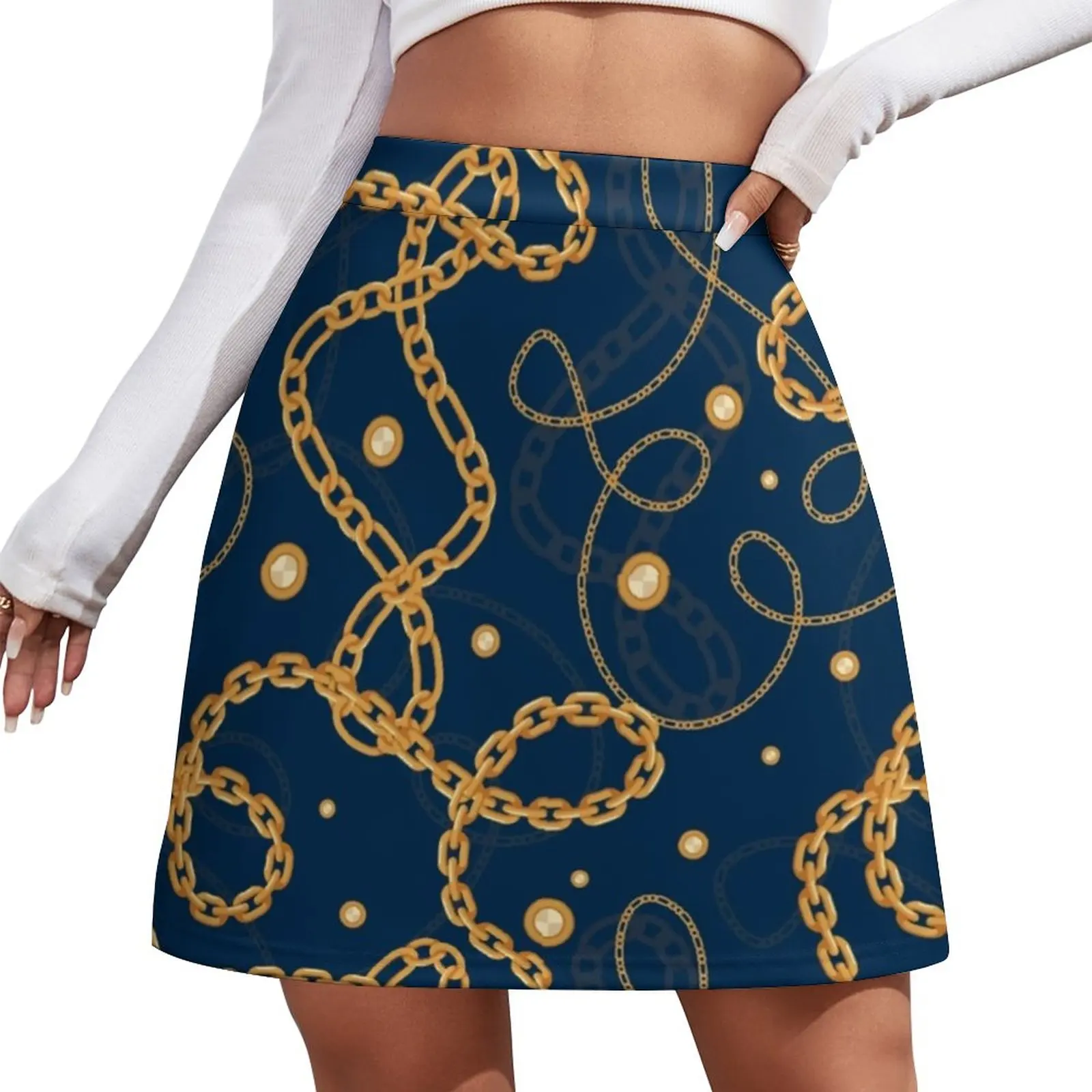 

Golden Chain Print Skirt Digital Art Vintage Mini Skirts Spring High Waist Custom Y2K Casual Skirt Big Size 3XL 4XL