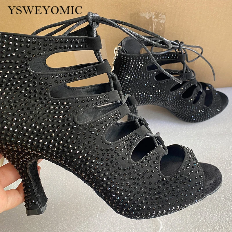 Indoor Dance Shoes Black Rhinestones Latin Shoes Customized High Heels 7cm 8cm 9cm Diamond Salsa Latin Ballroom Dance Party Shoe