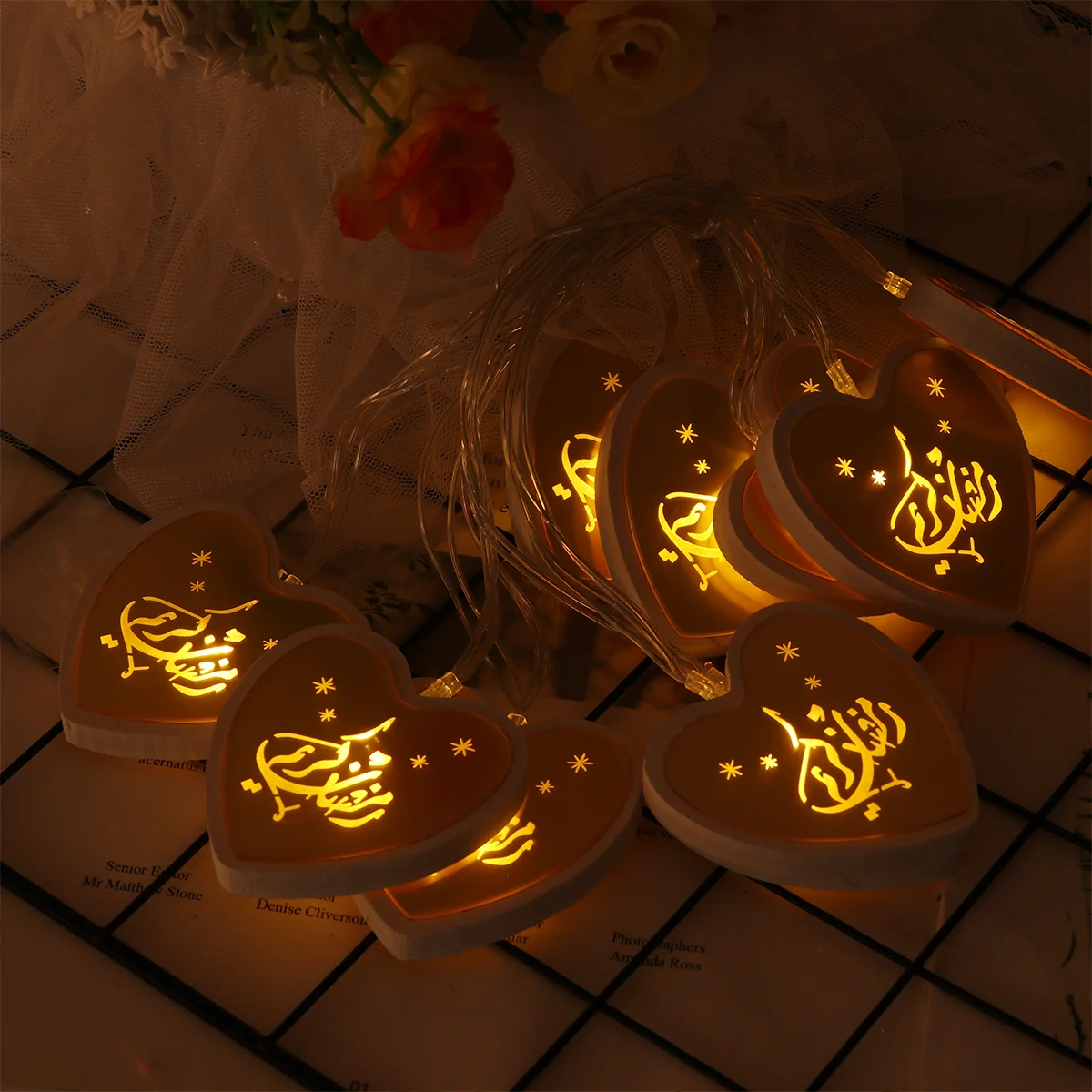 

1 pc LED String Lights Eid Lovely Heart Pattern Lantern Ramadan Light Party Decoration for Festival