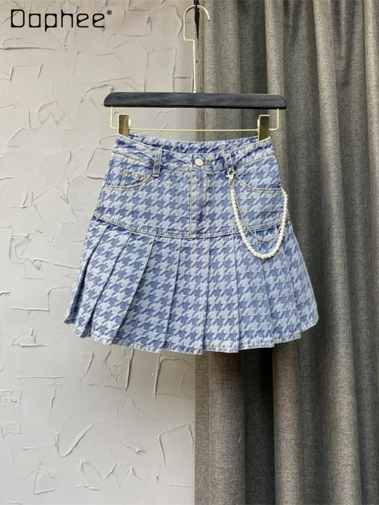 

Summer Blue High Waist Houndstooth Pleated Short Denim Skirt with Hanging Ornaments Temperament Korean Style Mini Jean Skirts