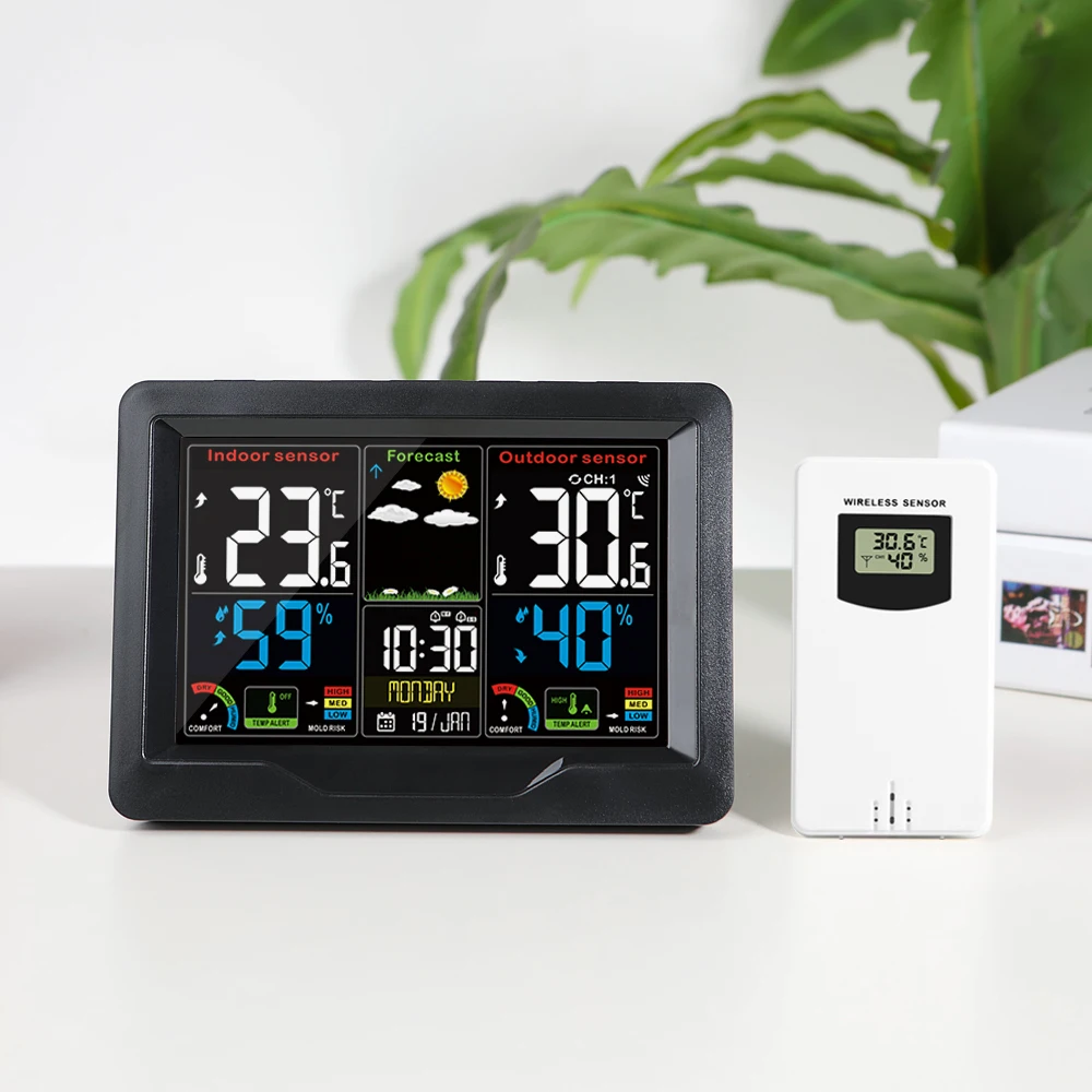 

Digital Clock Weather Station Color Screen Barometer Thermometer Hygrometer Mildew Risk Outdoor Sensor Table Desk Watch Wall