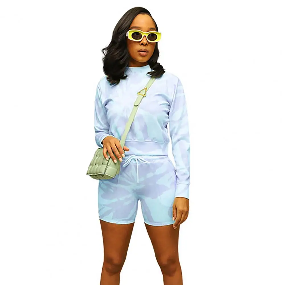 

Комплект из двух предметов для женщин, спортивный костюм с круглым вырезом, однотонные Топы с длинным рукавом и шорты, спортивный костюм с к...