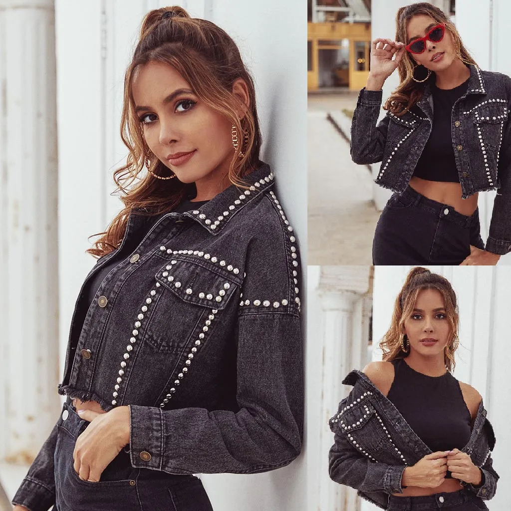 

Women Zip up Womens Denim Long Sleeve Button Jacket Casual Coat Outwear