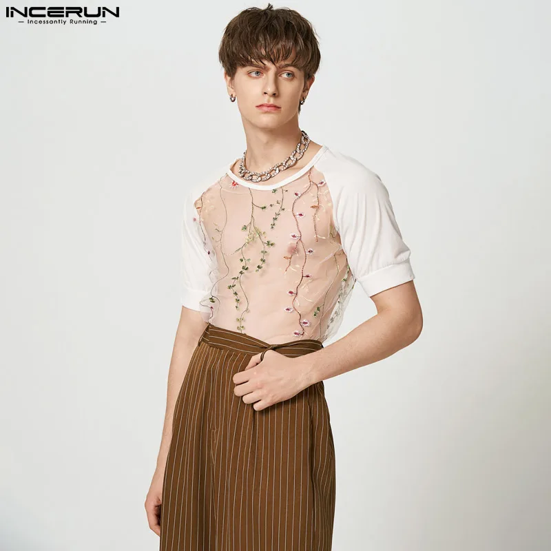 

Tops 2023 Sexy Streetwear Short Men's Net Yarn Lace Tees Stitching Flower Five-point Sleeve Short-sleeved T-shirts S-5XL INCERUN