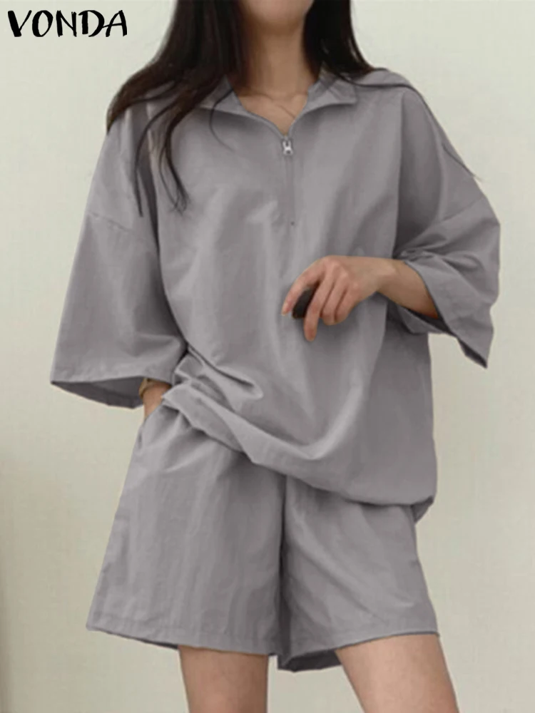 

VONDA Fashion Short Suits 2023 Summer Women Casual 3/4 Sleeve Turn-down Collar Suits Elastic Waist Solid Color Zipper Short Sets