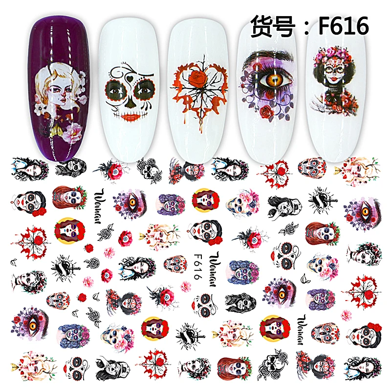 

10PCS Sexy Goddess Line Face Nail Art Sticker 3D Cool Skull Self-Adhesive Nail Slider Nail Art Decoration Decal