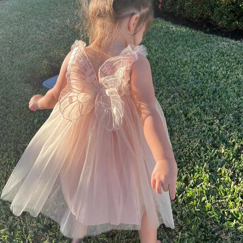 2023 Toddler Girl Champagne Butterfly Dress Tulle Birthday Princess Cakesmash Milestone Costumes for Girls Tutu Prom Dress