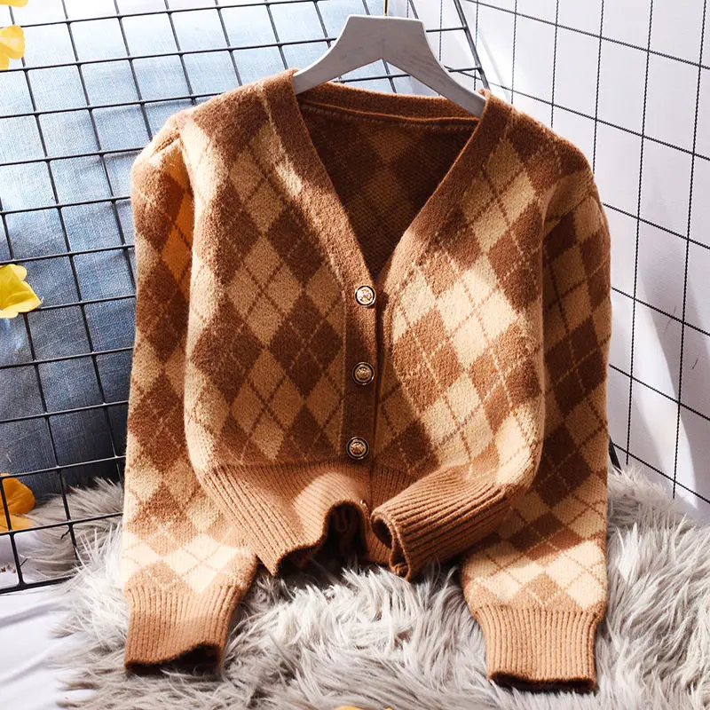 

Cardigan Women Knitted Sweater Argyle Loose Sweater Single Breasted Lovely Knitwear Korean Loose Cardigan Spring Tops D31