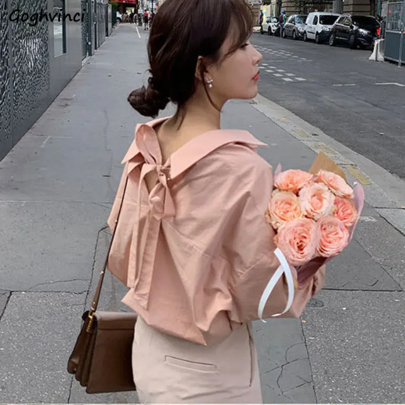 

Милые розовые рубашки, Женская Осенняя дизайнерская универсальная рубашка с завязкой на спине, элегантная корейская мода для зрелых женщин...