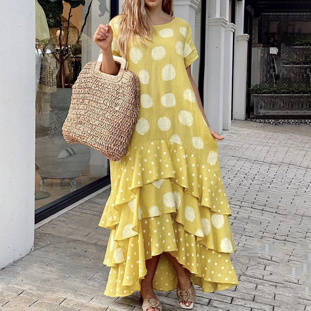 

Women Dresses Summer 2022 Sexy O Neck Dot Print Boho Beach Dress Cascading Ruffle Short Sleeve Maxi Dress Wrap Sundress Robe