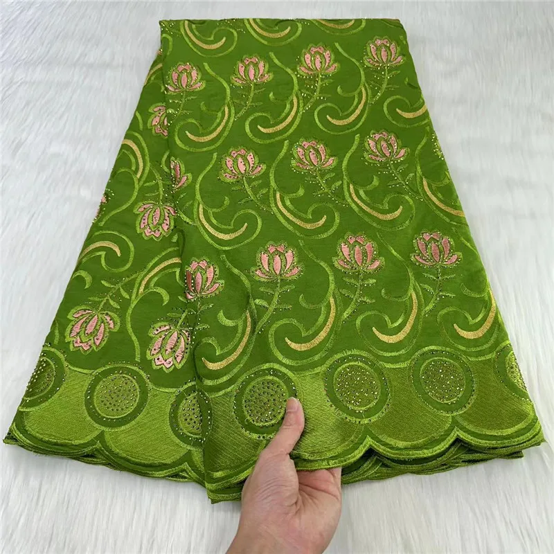 

Fashion Green African Cotton Lace Fabric High Quality Swiss Voile Lace With Stones Nigerian Lace Fabrics For Group Dress 23A53