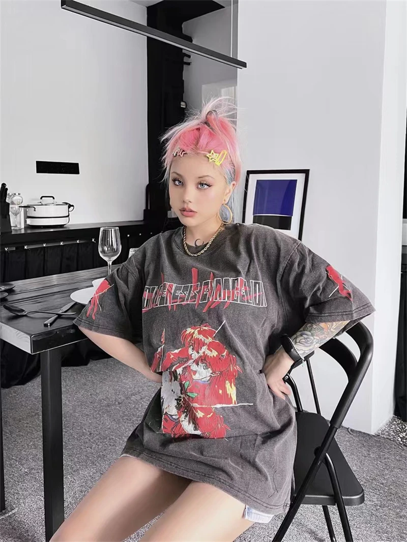 

Vintage EVA Asuka anime retro washed old oversized short-sleeved high street loose casual Y2k man and woman comic T-shirt