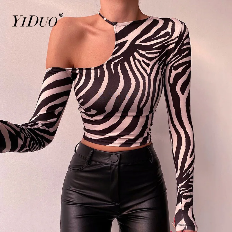 

Асимметричный кроп-топ YiDuo с вырезами, пикантная модная футболка с длинным рукавом и принтом зебры, Женский чокер на одно плечо, топы, футболки, уличная одежда