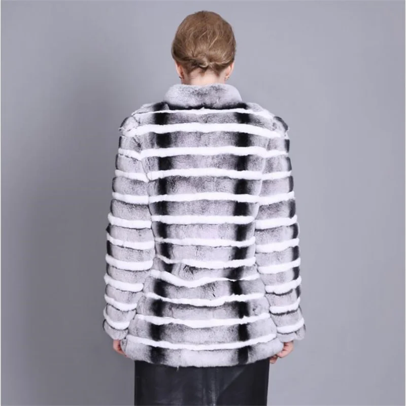 Length 70CM Natural Chinchilla Rex Rabbit Fur Coat Jacket Women's Winter Warm Stand Collar Striped Outerwear