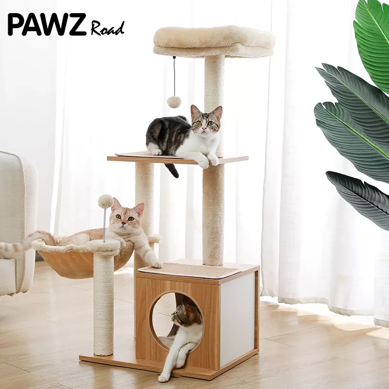 

H108cm Modern Cat Tree Wooden Sisal Scratching Posts for Cats Kitten Multi-Level Tower Hummock Condo rascador gato arbre chat
