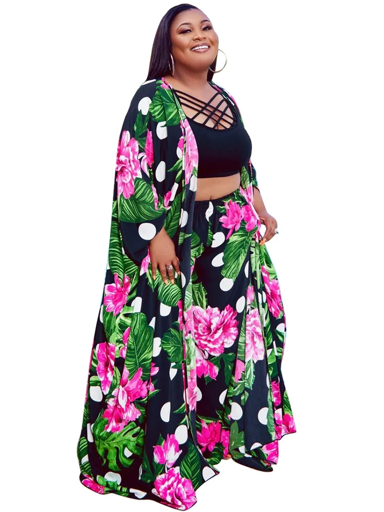 

4XL Plus Size 2 Piece Sets Women Clothes Robes Long Tops Wide Leg Pant Suit Summer Fashion Floral Bohemian Beach Holiday Outfits