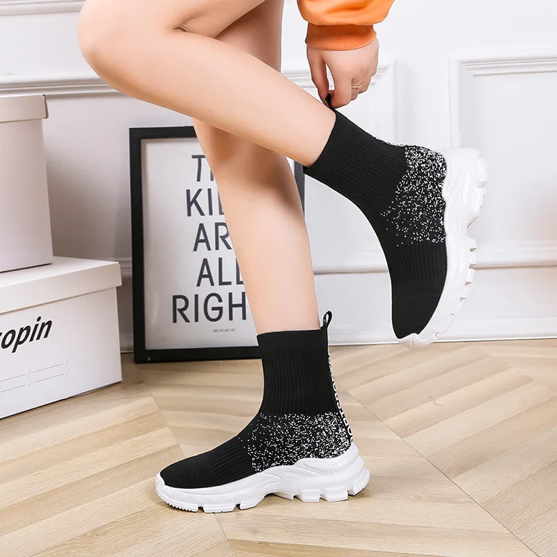 Women's Boots Free Shipping Sock 2022 Autumn Breathable Bling Rhinestone Solid Colors Ankle Casual Comfort Walk Shoes For Ladies