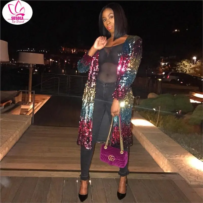 Уличная одежда с блестками SUSOLA длинные пальто женская куртка Женская