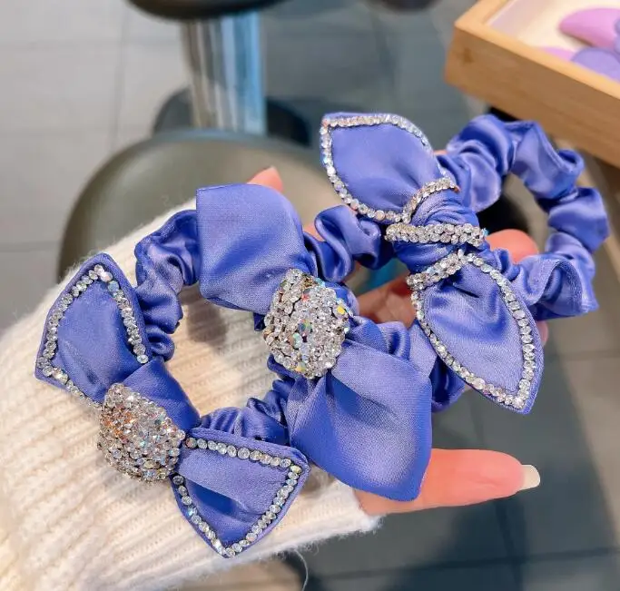 

Korean ins French retro drill purple rhinestone bow hair ring head tied balls women sweet hair rope