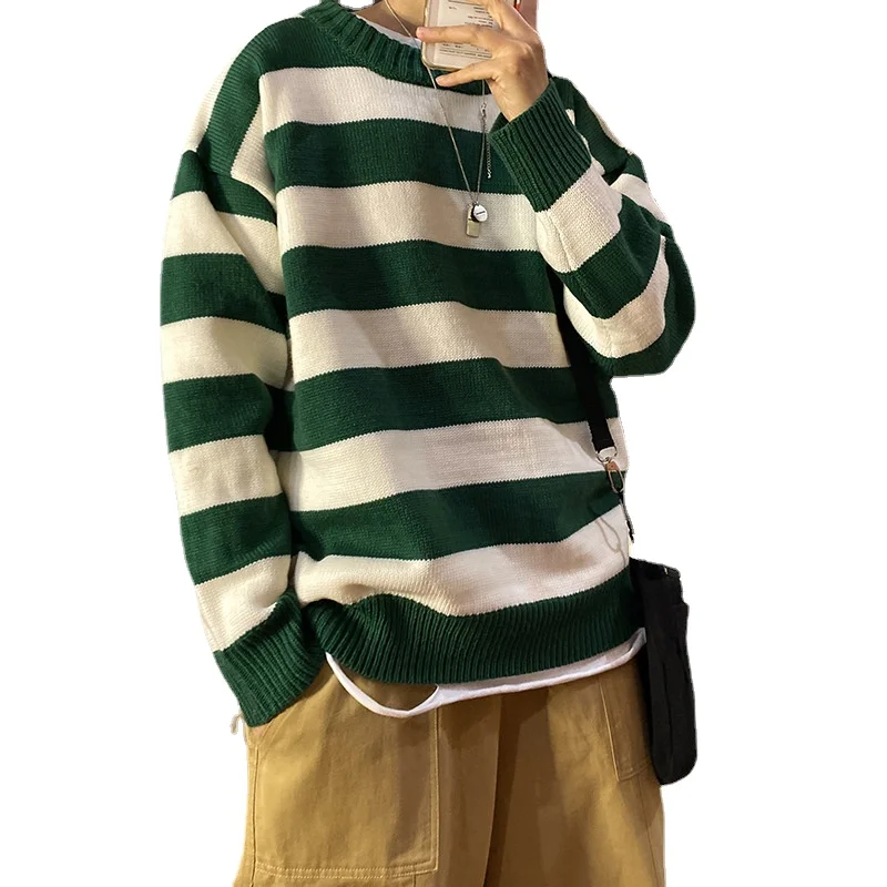 Autumn Winter Loose Sweater Crewneck Sweater Boys Korean Version Trend Personality Hong Kong Wind Striped Couple Coat