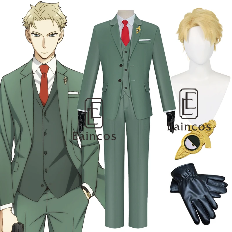 

Anime SPY×FAMILY Loid Forger Cosplay Halloween Carnival Costume Twilight Uniform Unisex Light Green Suits with Brooch