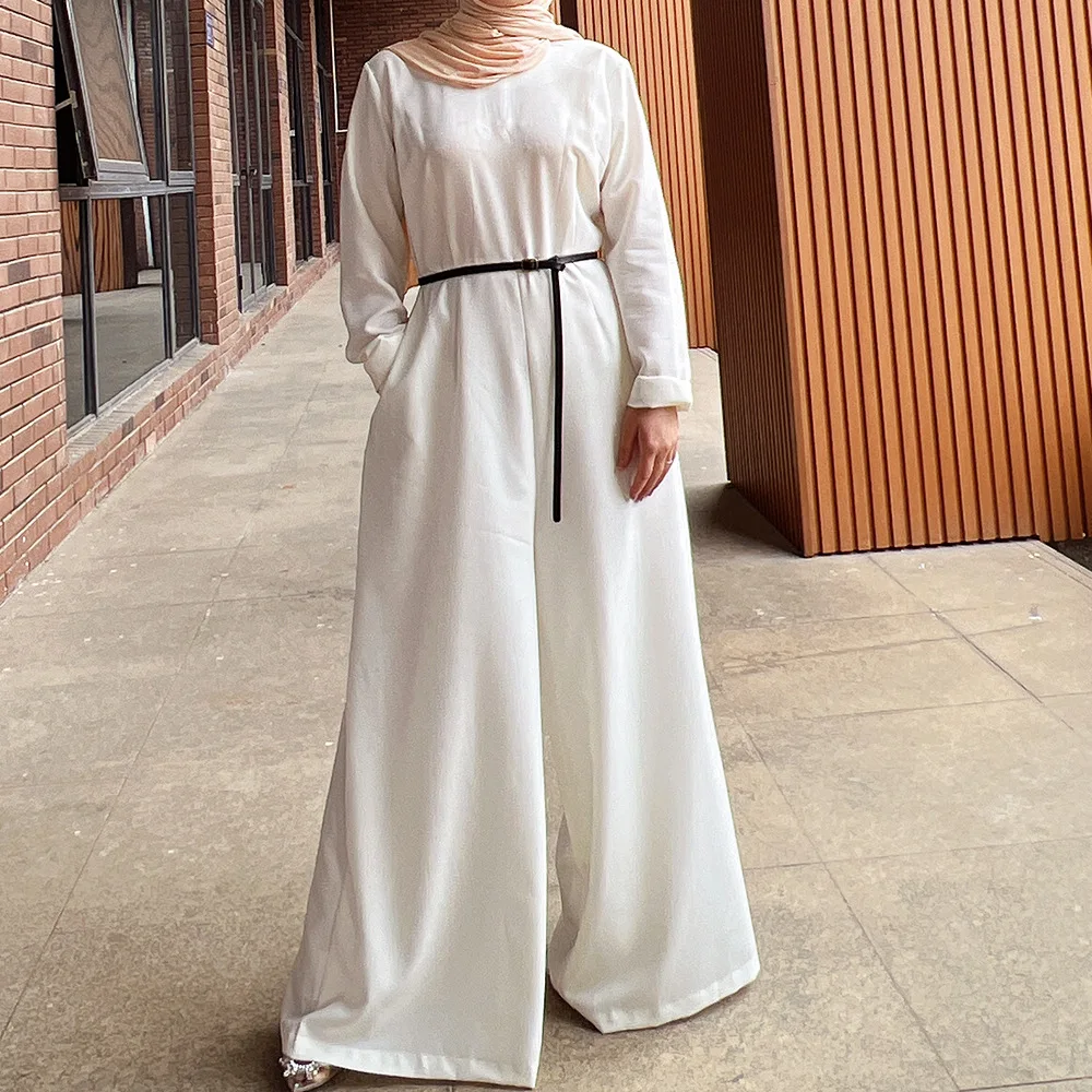 

Women Muslim Jumpsuits One Piece Solid Color Full Sleeves Long Pants Overalls Rompers Wide Leg Trousers Islamic Clothing Modesty