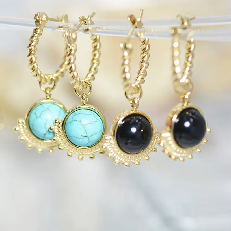 

Vintage Gold Natural Stone Earrings Women's Stainless Steel Round Ear Buckles Vintage Pattern Pendant Stainless Steel Earrings
