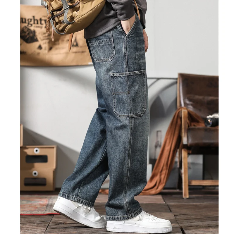 Men Clothing Vintage Loose Bluish Grey Jeans Straight Cylinder Cargo Pants Trousers Female 2022 Autumn and Winter New Pattern