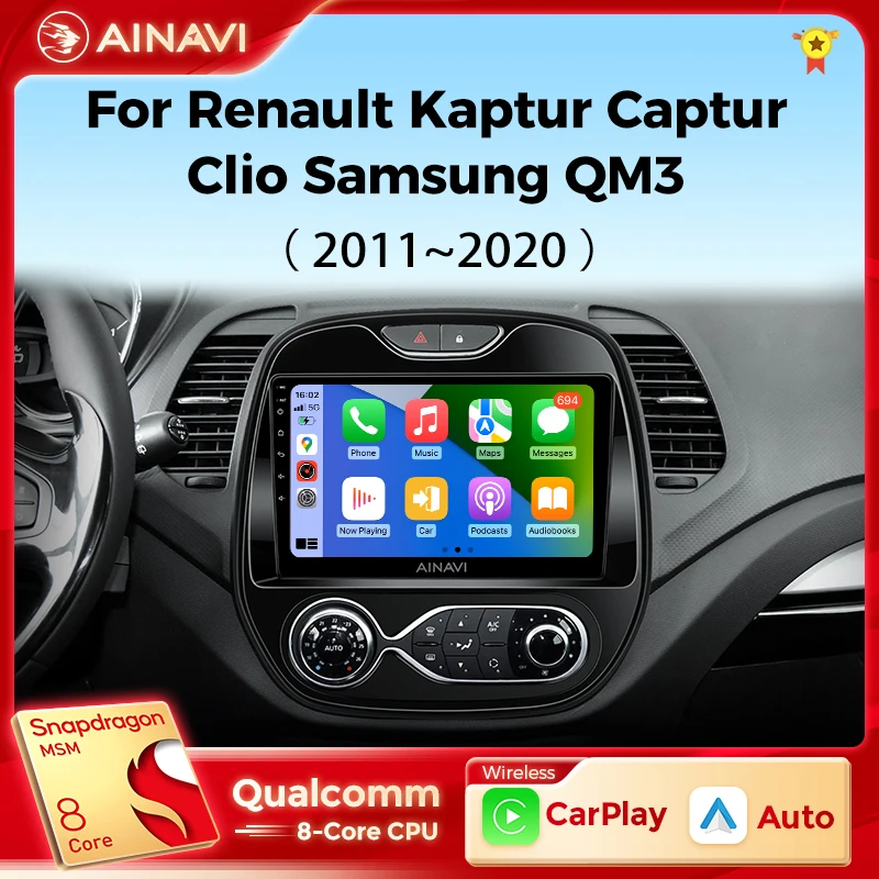 Автомагнитола Ainavi для Renault Kaptur Captur Clio Samsung QM3 2013 2014 2015 2016, Беспроводная мультимедийная Автомобильная Мультимедийная система Android 4G 2Din