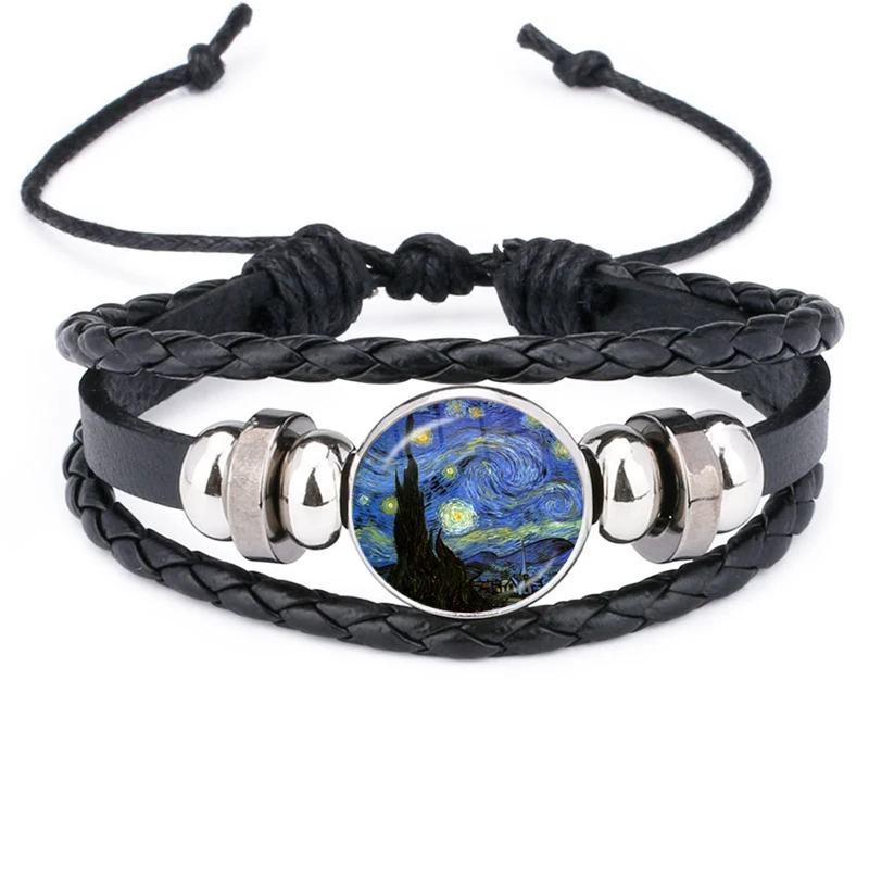 

New Retro Van Gogh Starry Sky Sunflower Works Glass Cabochon Snap Black Leather Bracelet Men's and Women's Gift Jewelry