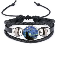 new retro van gogh starry sky sunflower works glass cabochon snap black leather bracelet mens and womens gift jewelry
