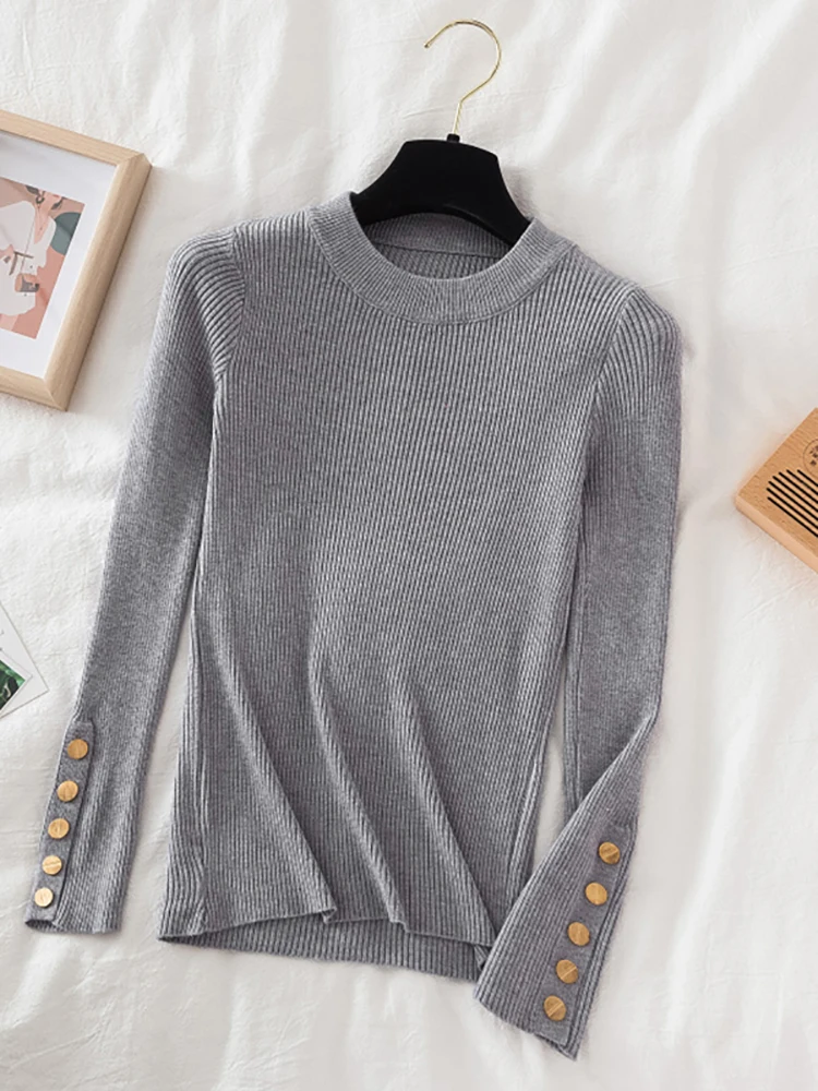 2023 women thick sweater pullovers khaki casual autumn winter button o-neck chic sweater female slim knit top soft jumper tops