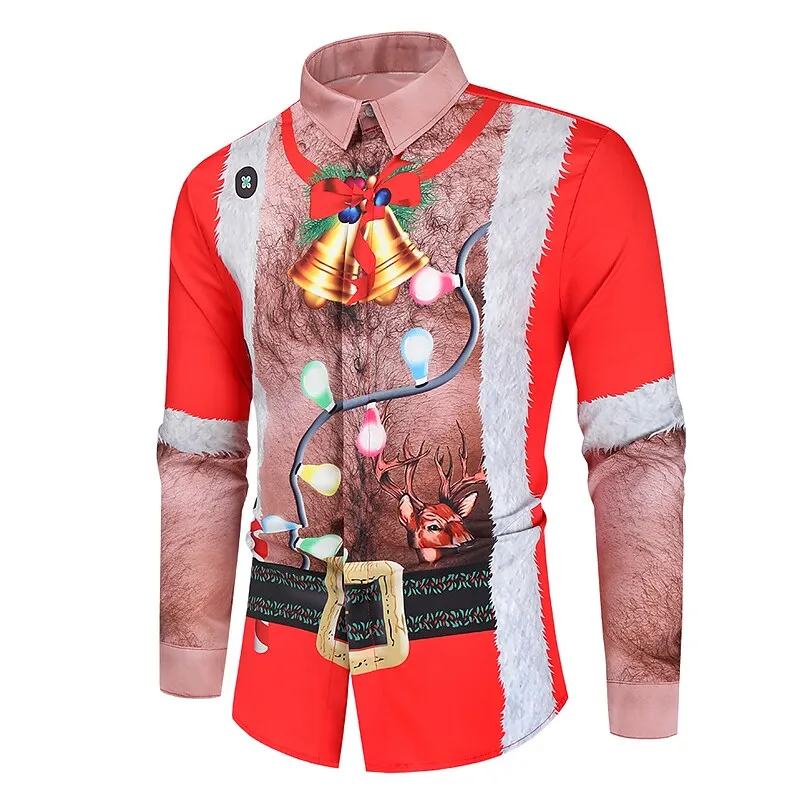 Santa Claus Print Shirts For Men Cartoon Elk Pattern Long-Sleeved Shirt New Year Party X'mas Clothing Leisure Loose Social Shirt