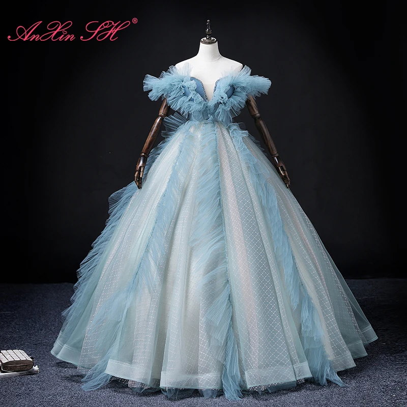 

AnXin SH vintage blue lace boat neck beading crystal ball gown princess ruffles sparkly party bride host lace up evening dress